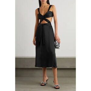 NWT HALPERN Twist-front Cutout Satin Midi Dress Black Size 36 US Size 4